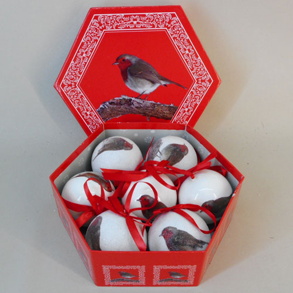 70mm Red Robin Christmas Baubles Boxed Set of 7 Christmas Decorations